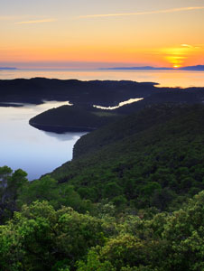 Sunset over Korcula seen from the island of Mljet